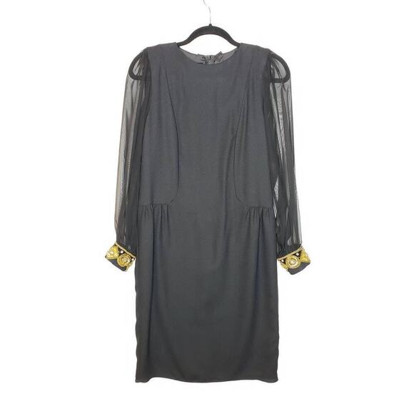 VTG Ursula Switzerland Petite Black Sheer Long Sleeve Gold Beaded Cocktail Dress - Picture 2 of 15
